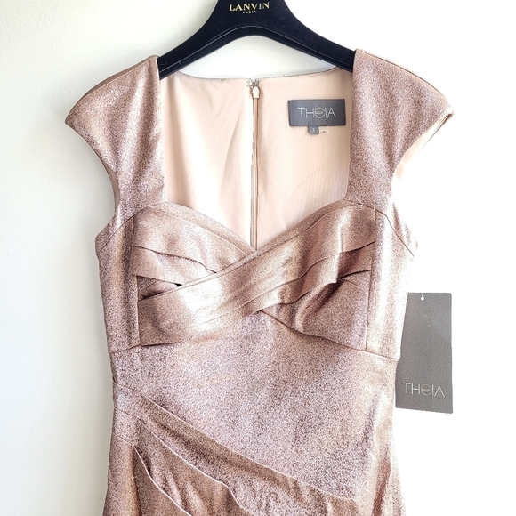 New Theia Cap-Sleeve Stretch Lamé Metallic Dusty Rose Cocktail Midi Dress NWT  2 - Picture 9 of 15
